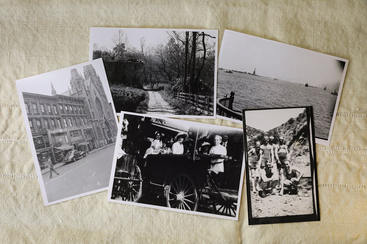 A set of nostalgic black and white photos featuring city scenes and historic moments.
